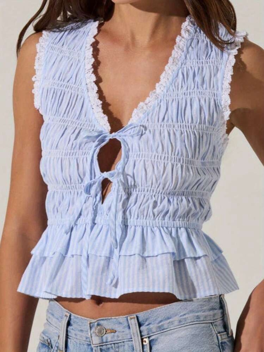 Astr Light Blue Smocked Tie-Front Ruffle Camisole